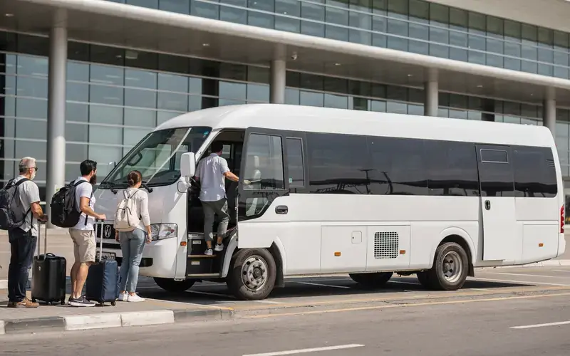 Minibús blanco con chofer de COSENIC para traslado de grupos con equipaje