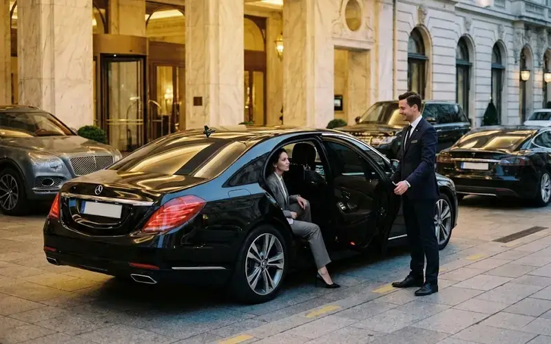 Chofer de COSENIC abriendo la puerta de un sedán ejecutivo negro a una pasajera